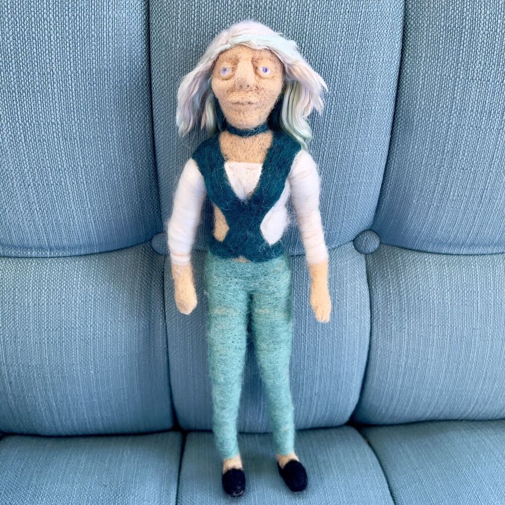 Wool Felted Doll OOAK Trendy Old Woman Poseable Handmade Needlework Art Piece